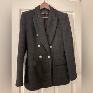 Zara Textured Black Blazer with Gold Buttons Size M